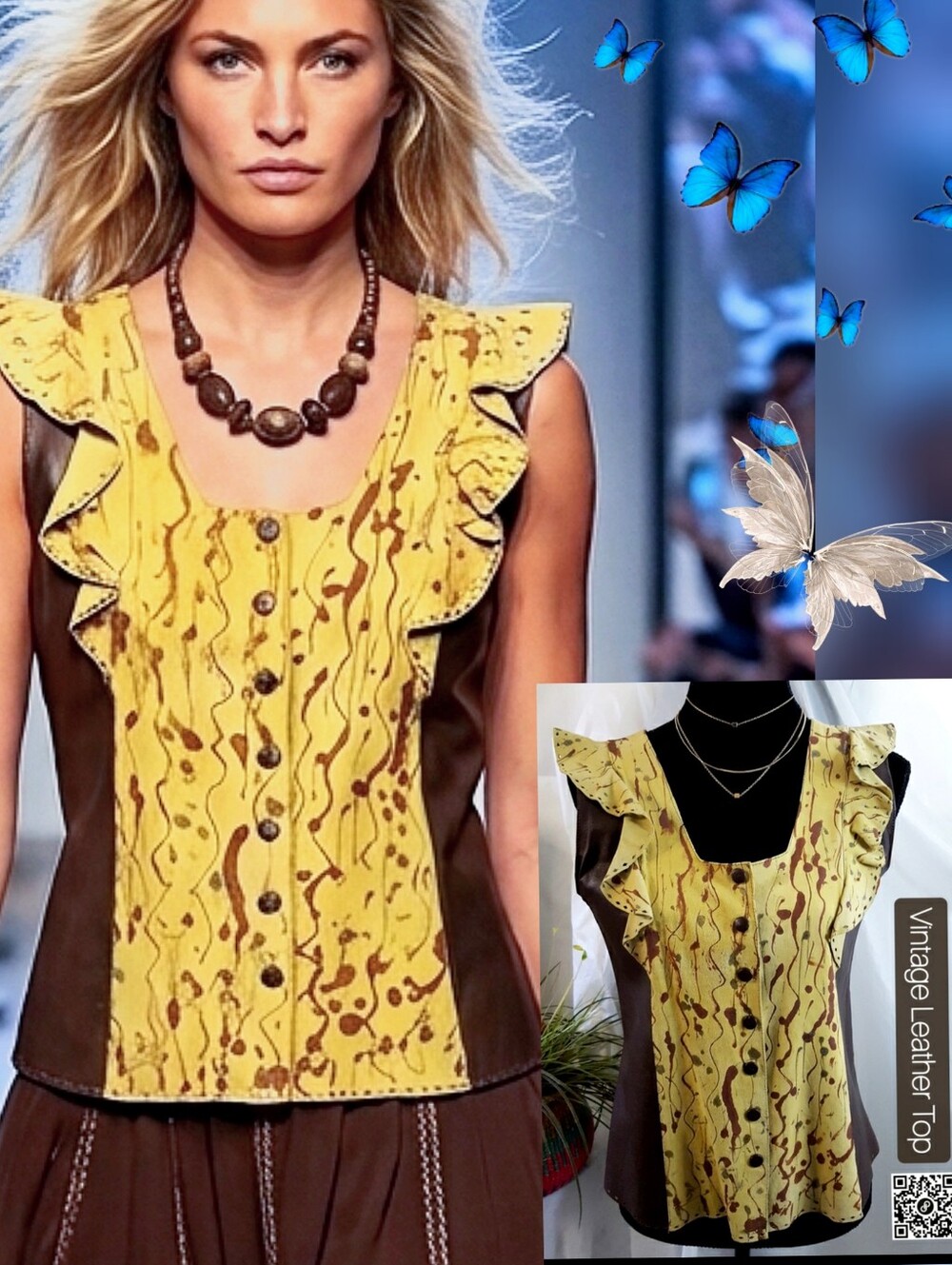 Vintage Leather Top🤎 Two-Tone Ruffled Suede Leather Button Front Vest